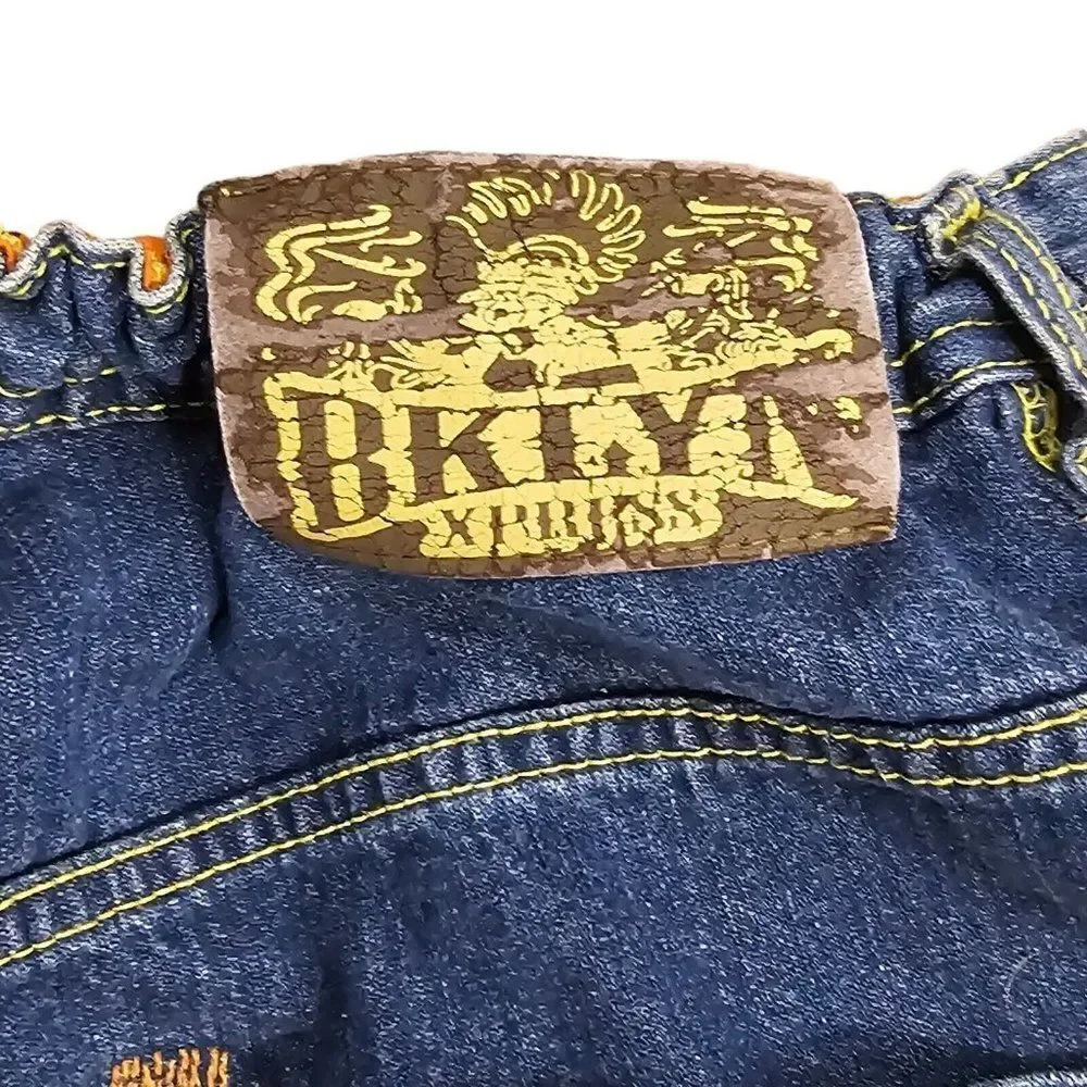 Vintage 90s Y2K Denim Skirt Womens Size XL Blue Jean Raw Hem Daisy Flowers